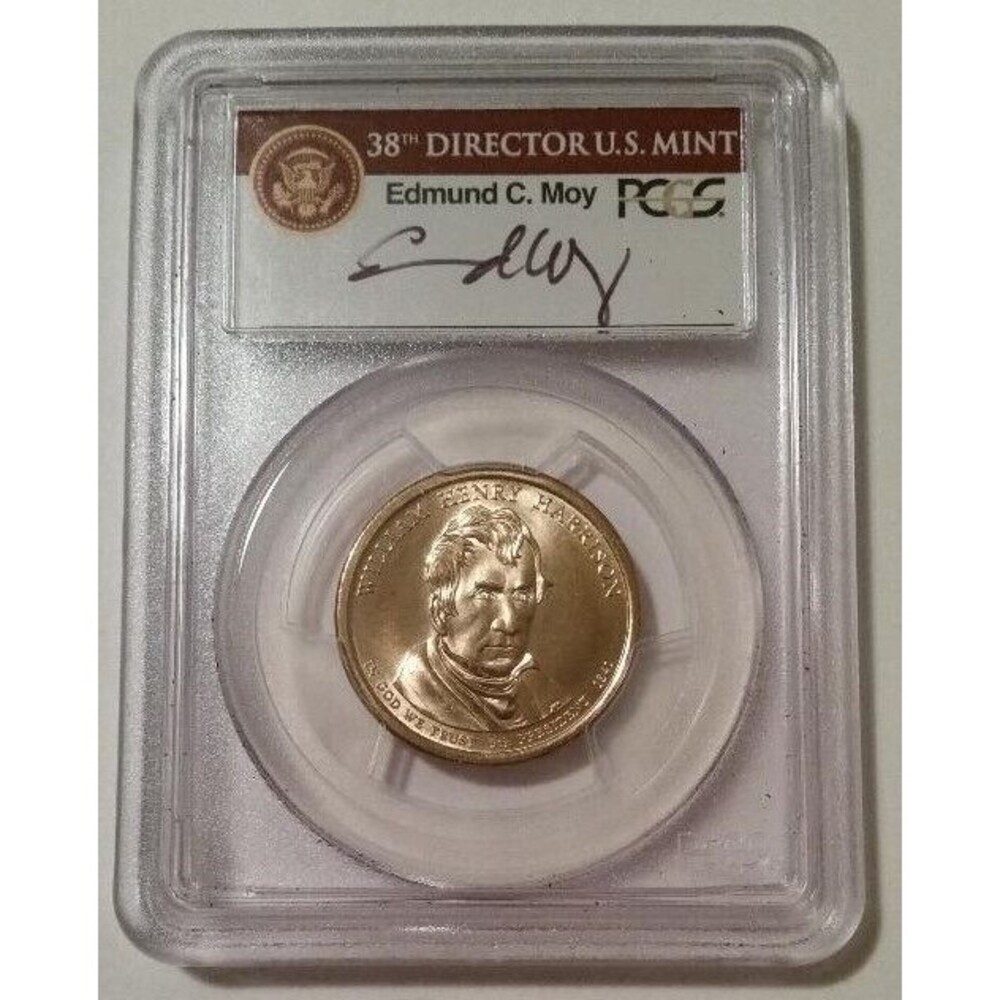 PCGS 2009 W H Harrison Presidential Dollar Error Missing Edge Lettering MS66 Moy